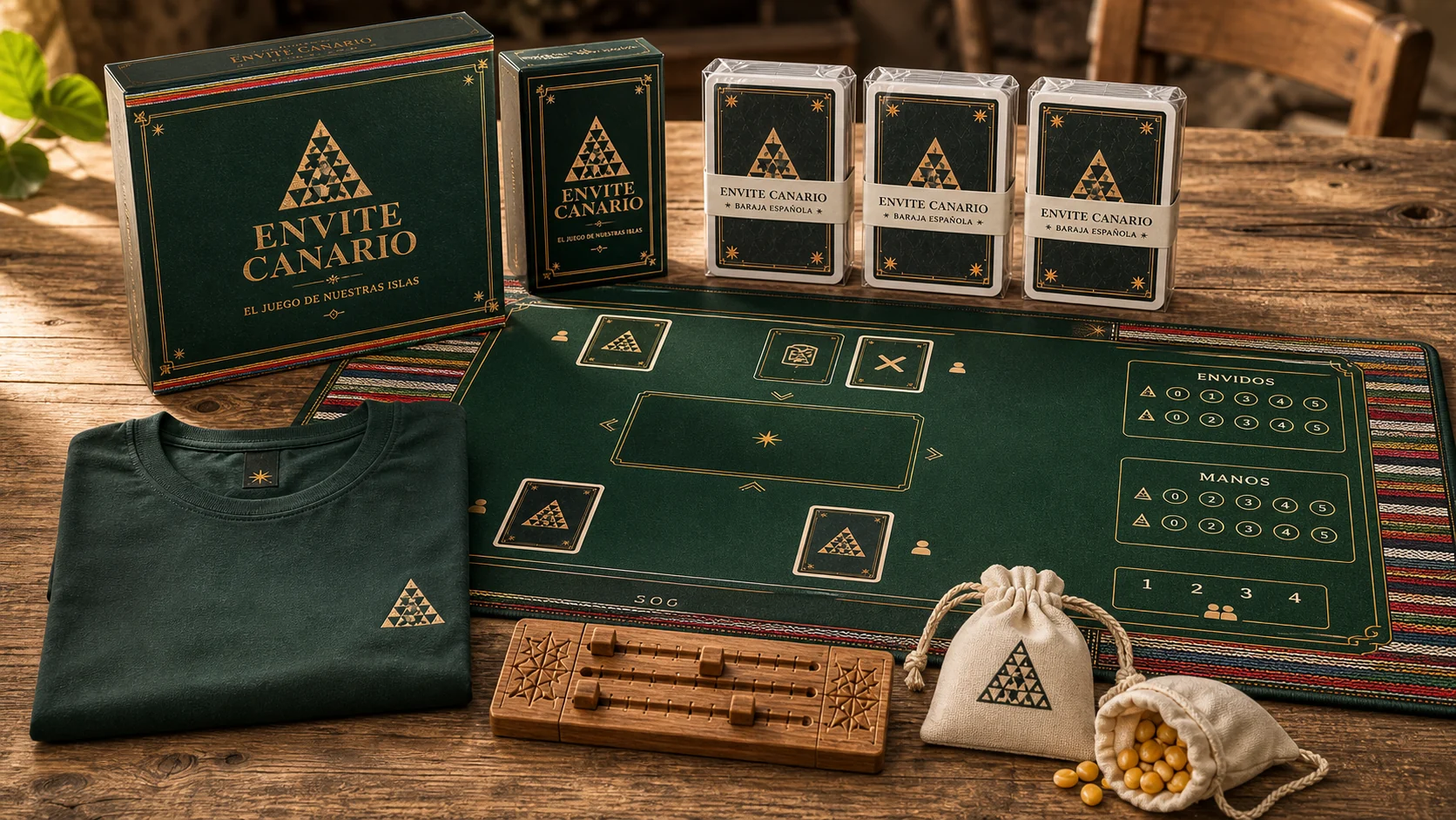 Colección física conceptual de Envite Canario con cajas, mazos precintados, camiseta, tapete funcional y marcador de millos