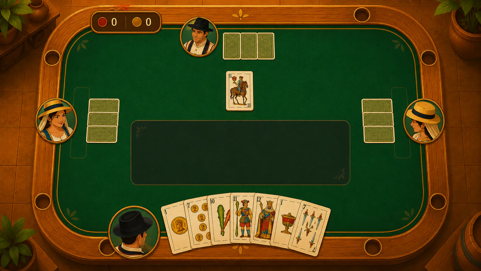 Mesa horizontal de Envite Canario con jugadores, cartas y decisiones centrales