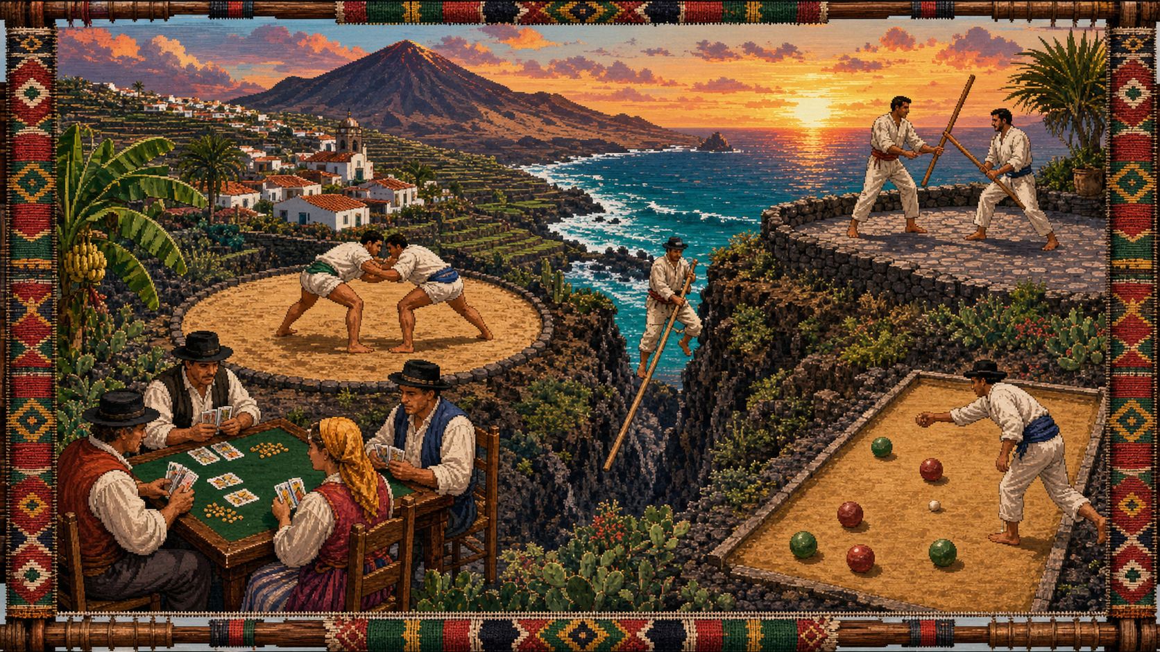 Panorama ilustrado de juegos tradicionales canarios con borde de telar